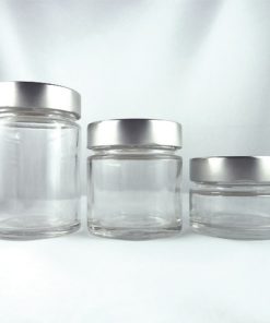 3 pots transparents de taille assorties coiffés de leur couvercle en alu brossé